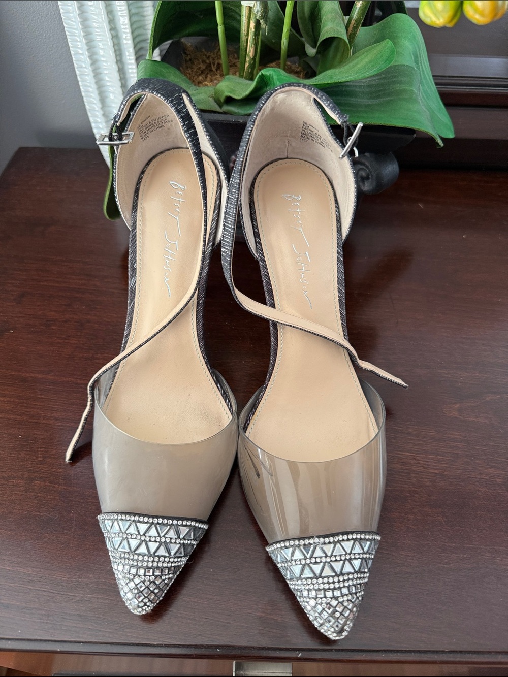 Betsey Johnson Taupe Patent Pointed D'Orsay Heels with Crystal Toe Caps